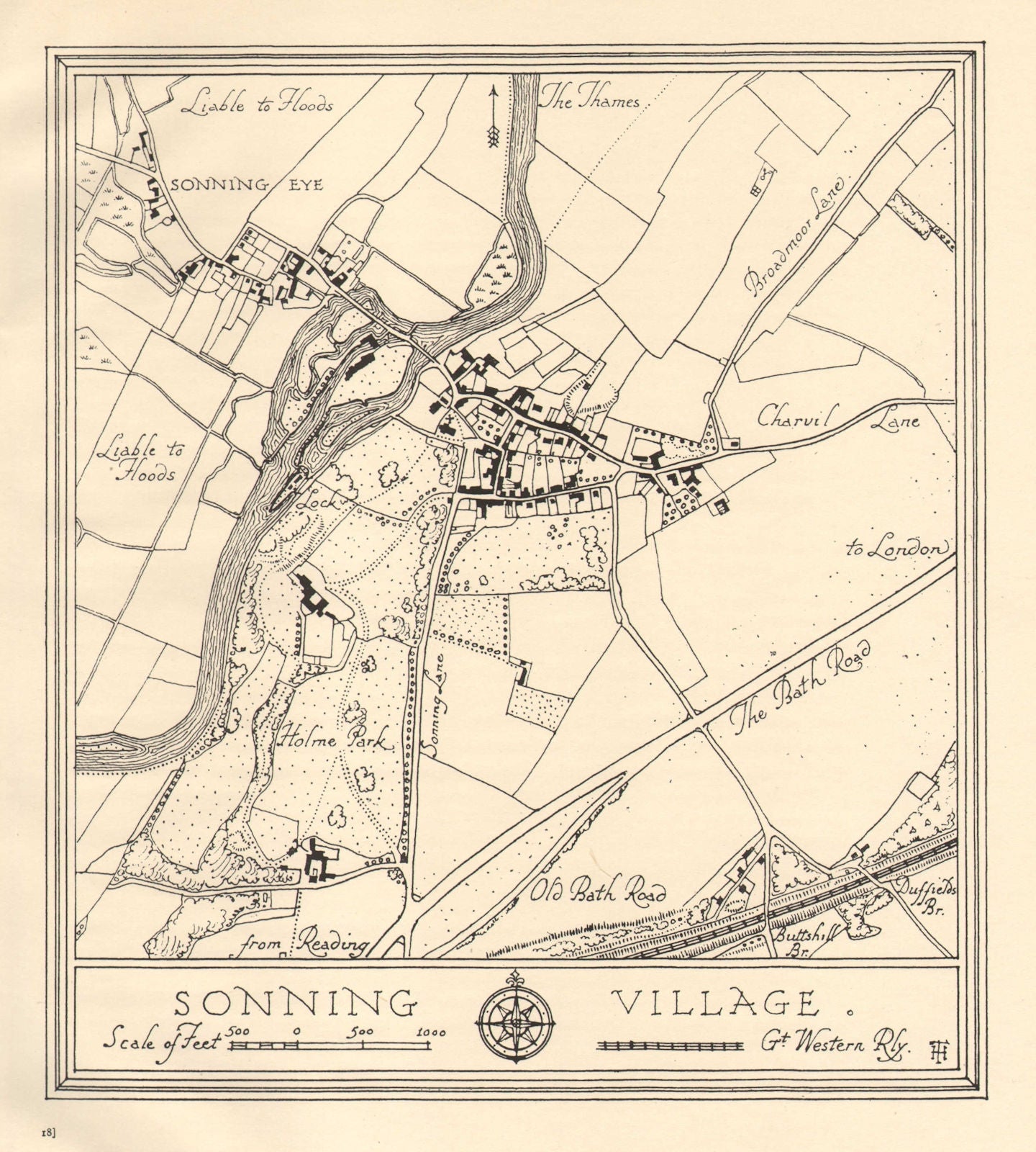 Town plan of SONNING village, Berkshire. Thames Valley 1929 old vintage map
